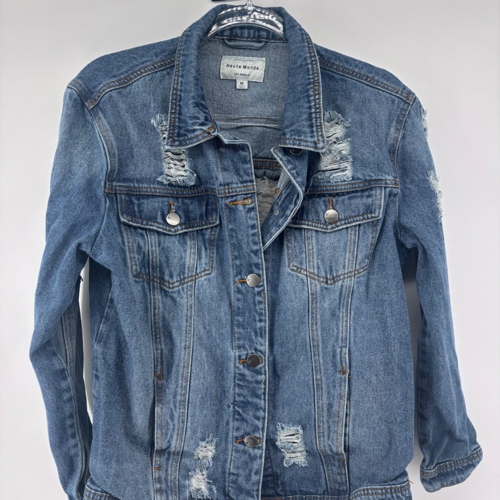 Haute Monde Distressed Denim Jacket‎ Medium Blue Jean Button Front Women's